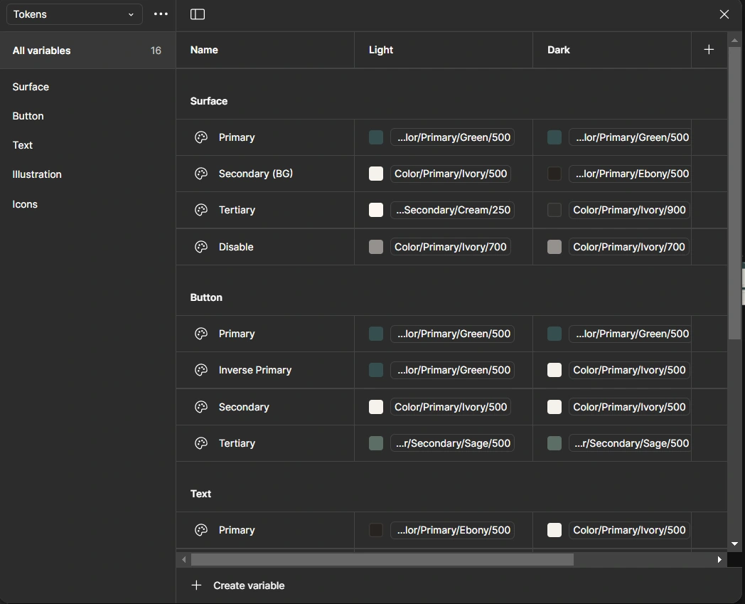 Color tokens set up as Figma variables