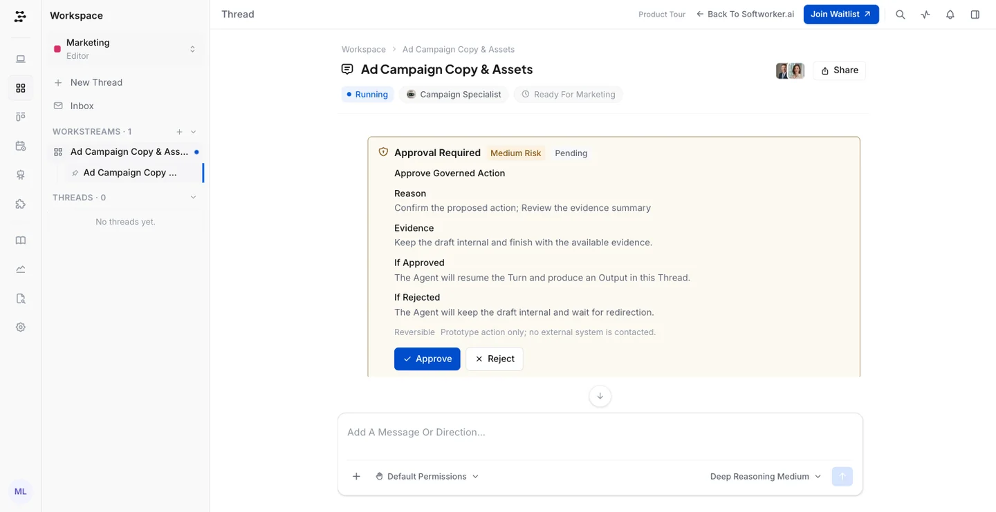 An Approval Required card with the reason, the evidence, what happens if approved and if rejected, and Approve and Reject buttons