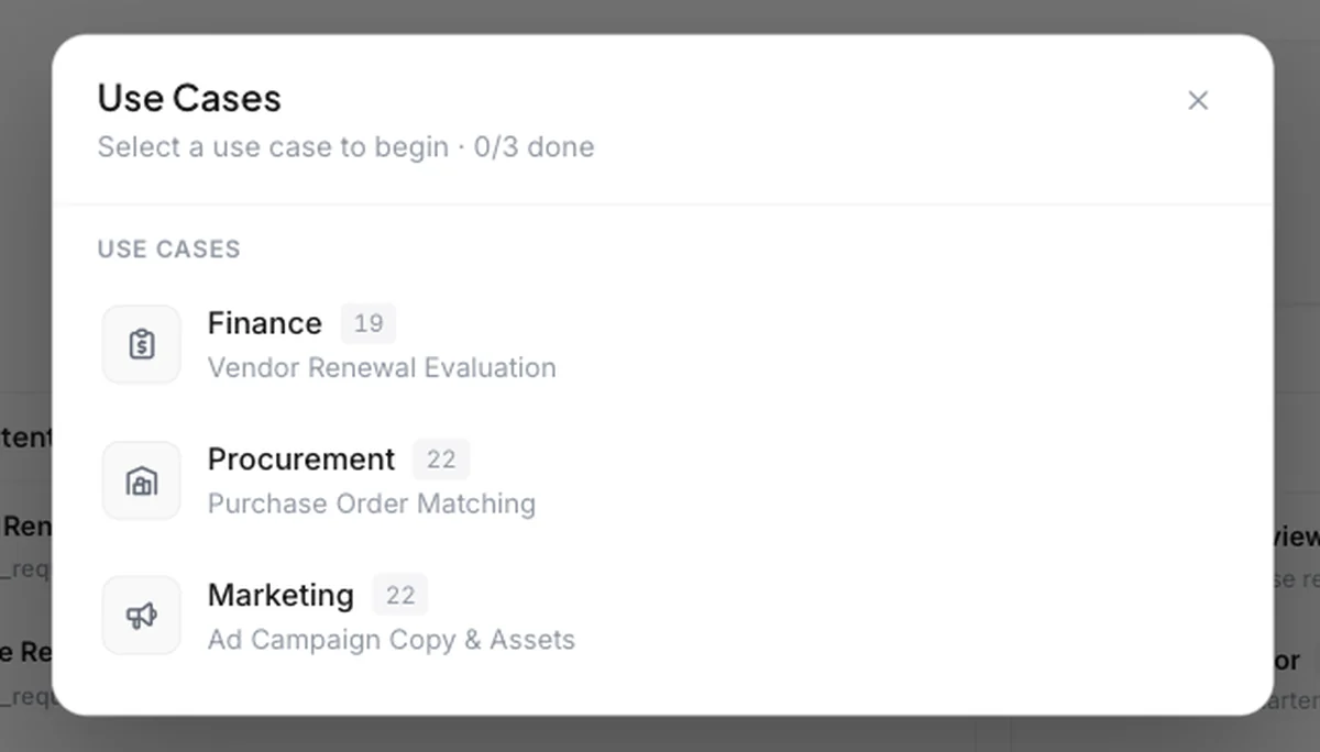 The tour's Use Cases picker with three choices: Finance, vendor renewal evaluation, 19 steps; Procurement, purchase order matching, 22 steps; Marketing, ad campaign copy and assets, 22 steps