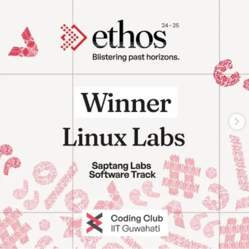Ethos hackathon result card: Winner, Linux Labs, Saptang Labs software track, Coding Club IIT Guwahati