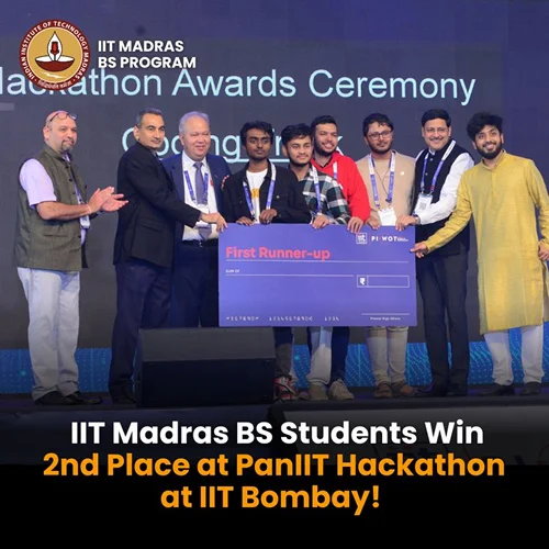 Nishkarsh's team on stage receiving the first runner up cheque at the Pan IIT hackathon at IIT Bombay