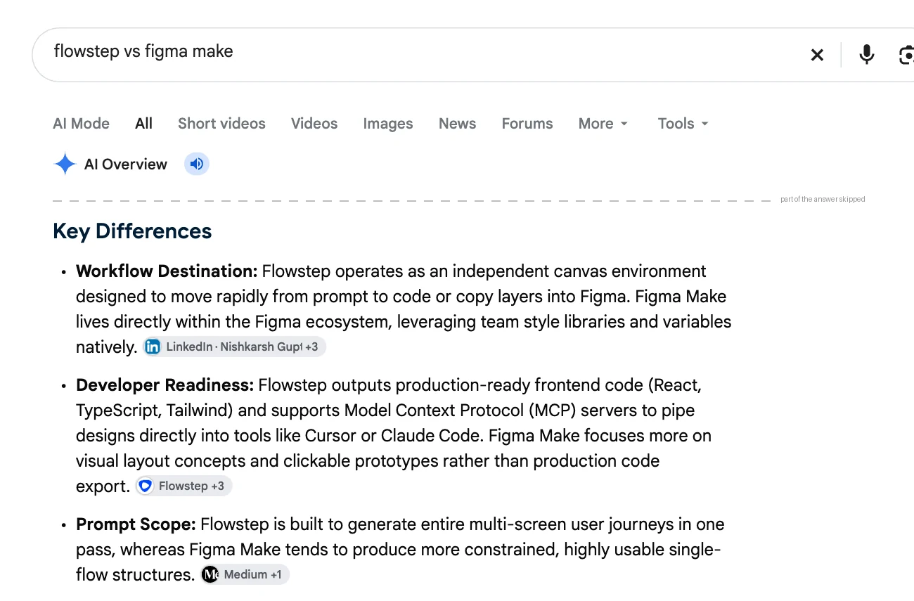 Google AI Overview for flowstep vs figma make, citing my LinkedIn article