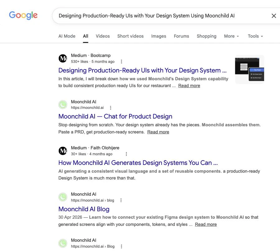 Google search in July 2026 with my Moonchild article as the first result