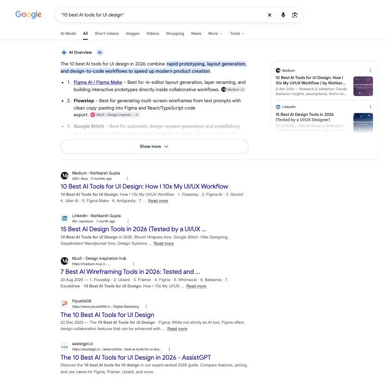 Google search for 10 best AI tools for UI design with my article first