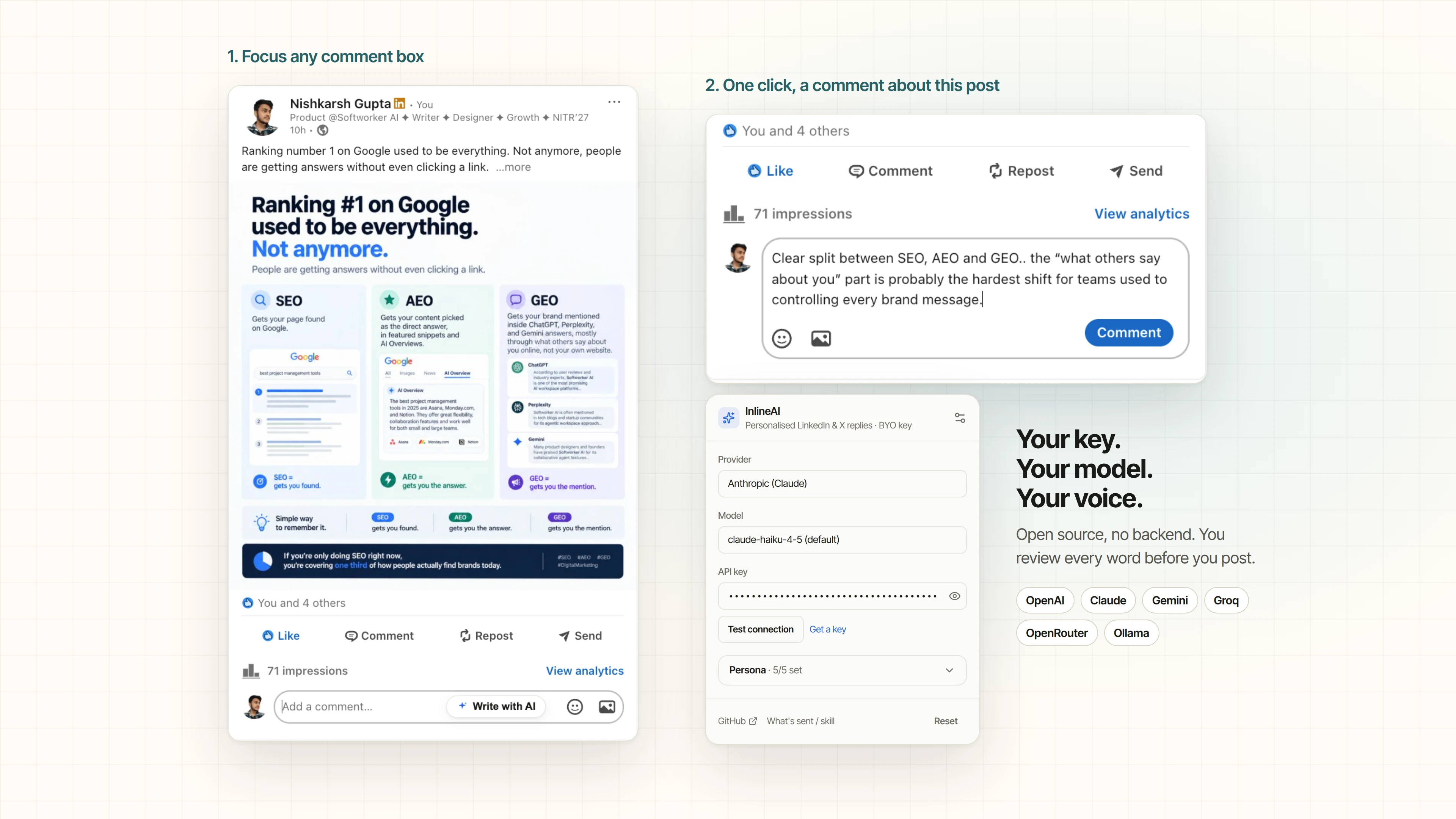 InlineAI button inside a LinkedIn comment box