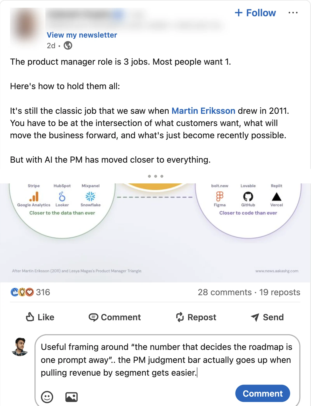 Post saying the product manager role is 3 jobs, with a comment written by InlineAI