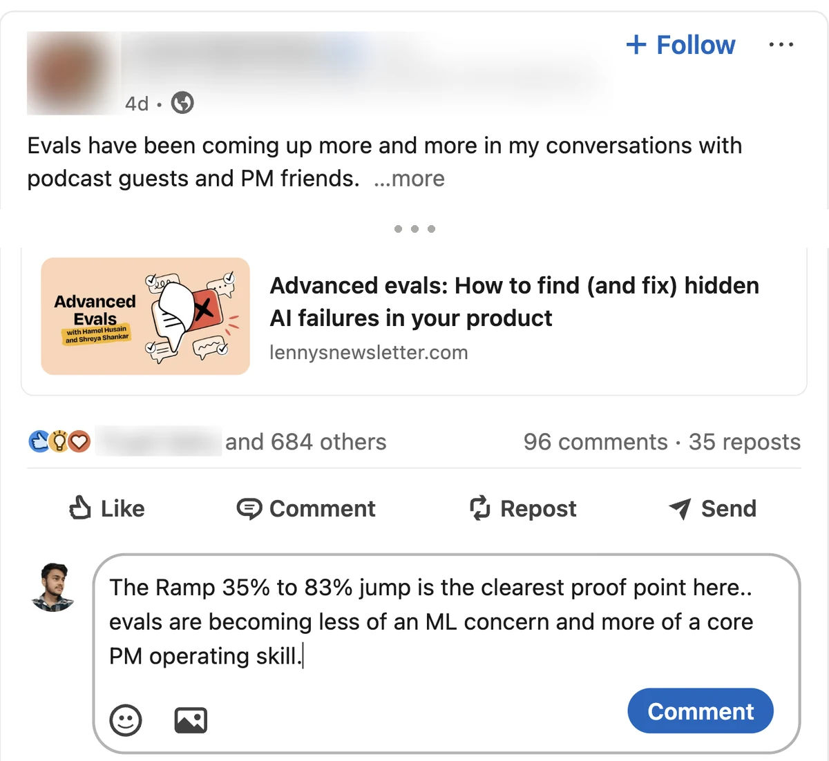 Post about AI evals with a comment written by InlineAI about the Ramp 35% to 83% jump