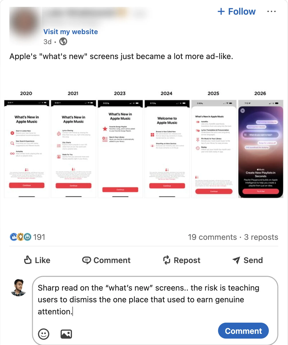 Post about Apple's what's new screens becoming ad like, with a comment written by InlineAI
