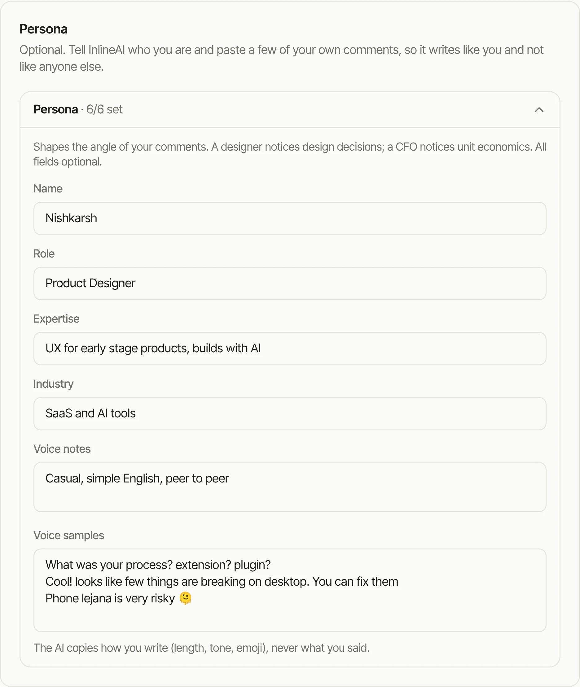 Persona settings with name, role, expertise, industry, voice notes and voice samples