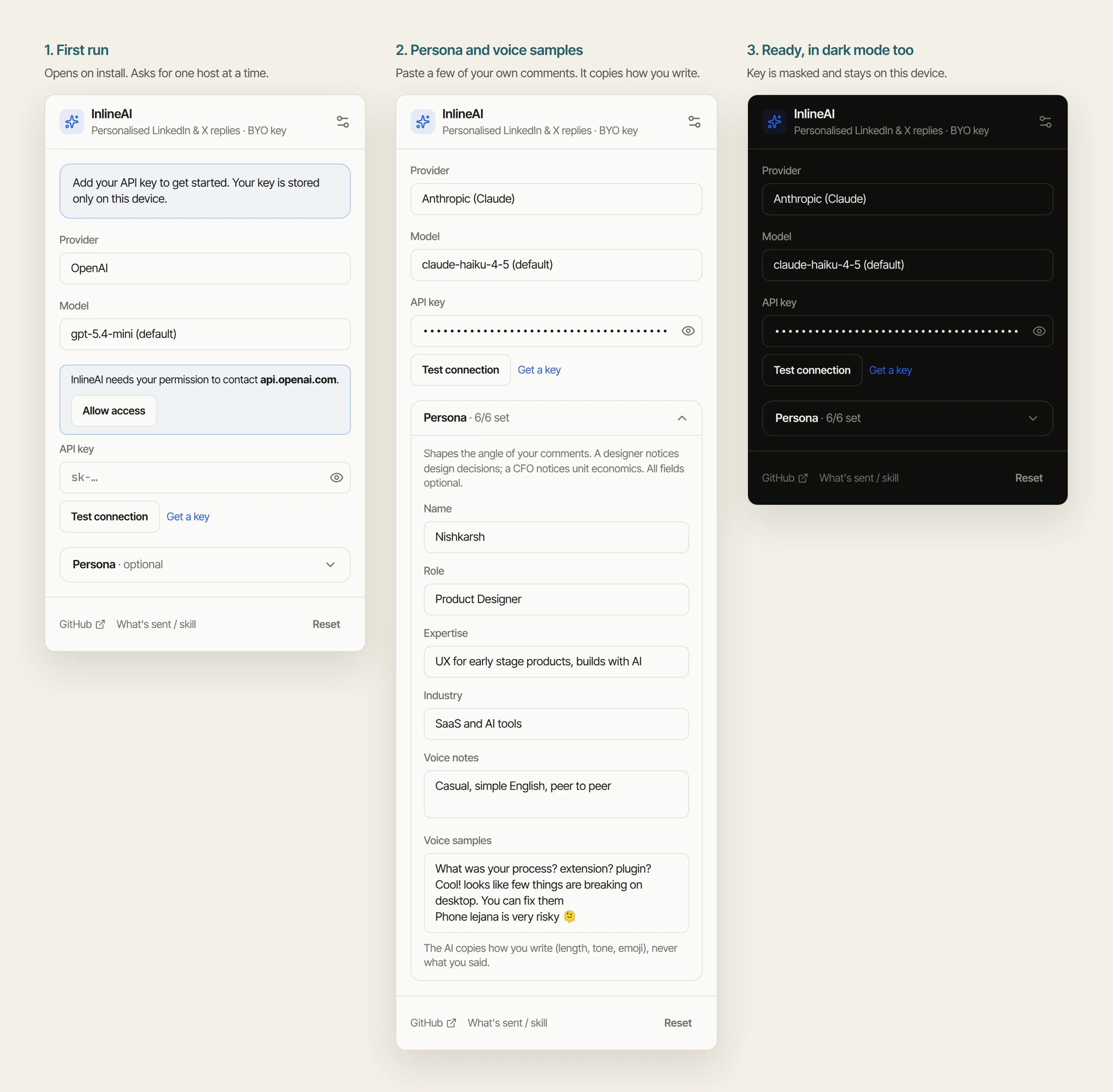 InlineAI popup on first run, with persona and voice samples filled in, and ready in dark mode