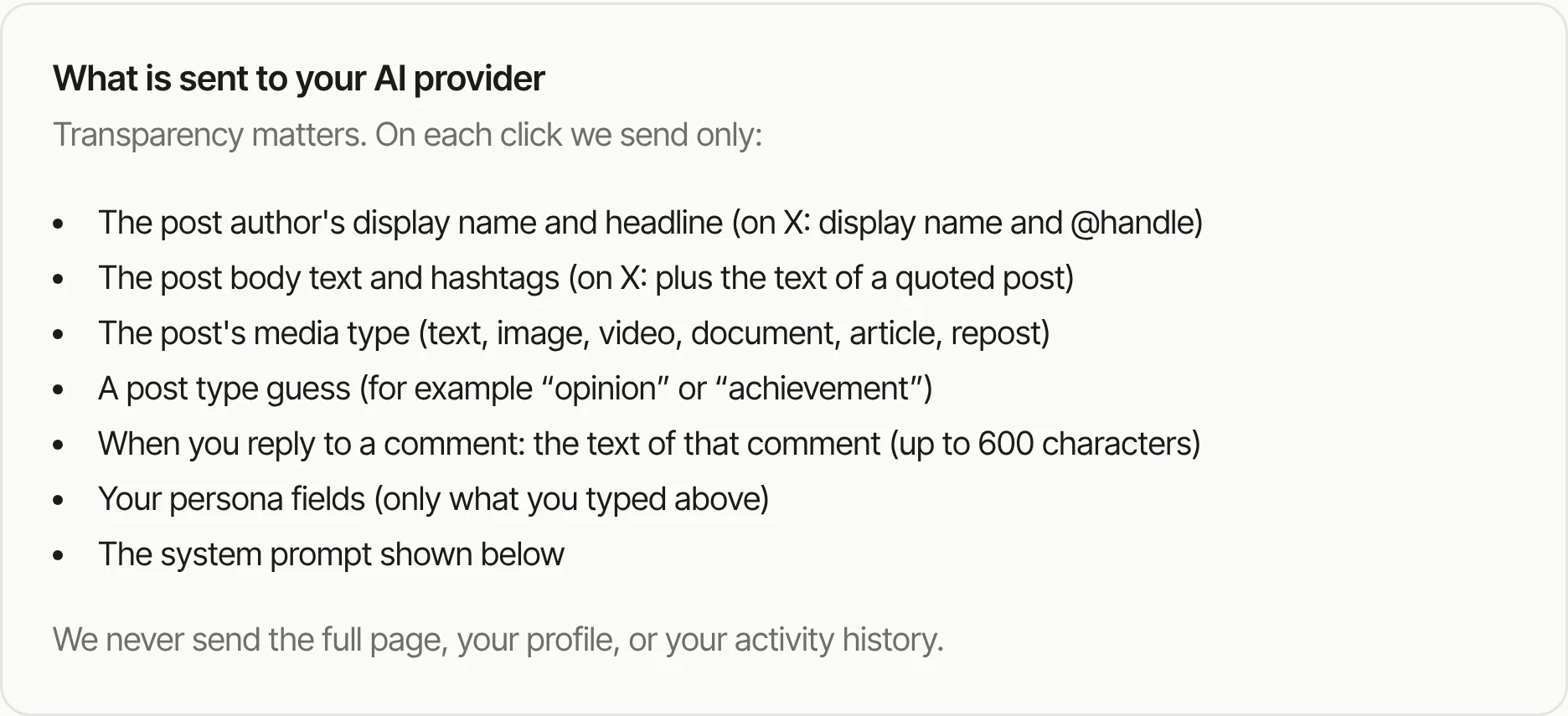 Settings section listing exactly what is sent to the AI provider on each click