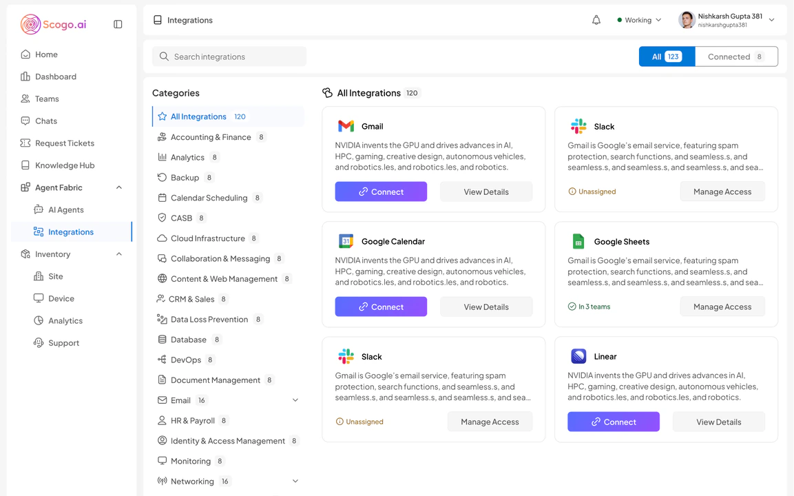 Scogo AI: Integrations screen