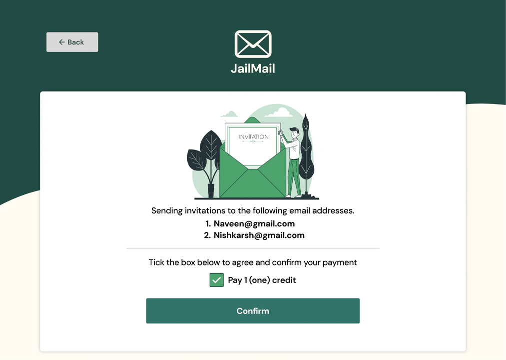 JailMail: Invite and pay screen