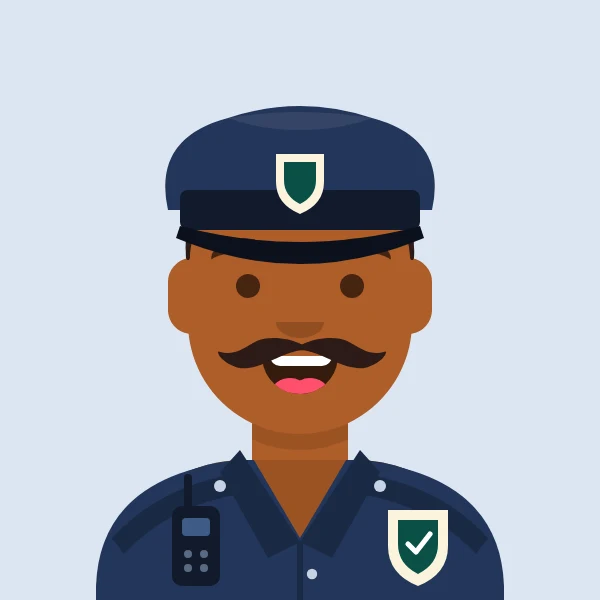 Illustration of a security guard in a navy uniform and cap