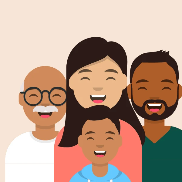 Illustration of a family: grandfather, mother, father and child