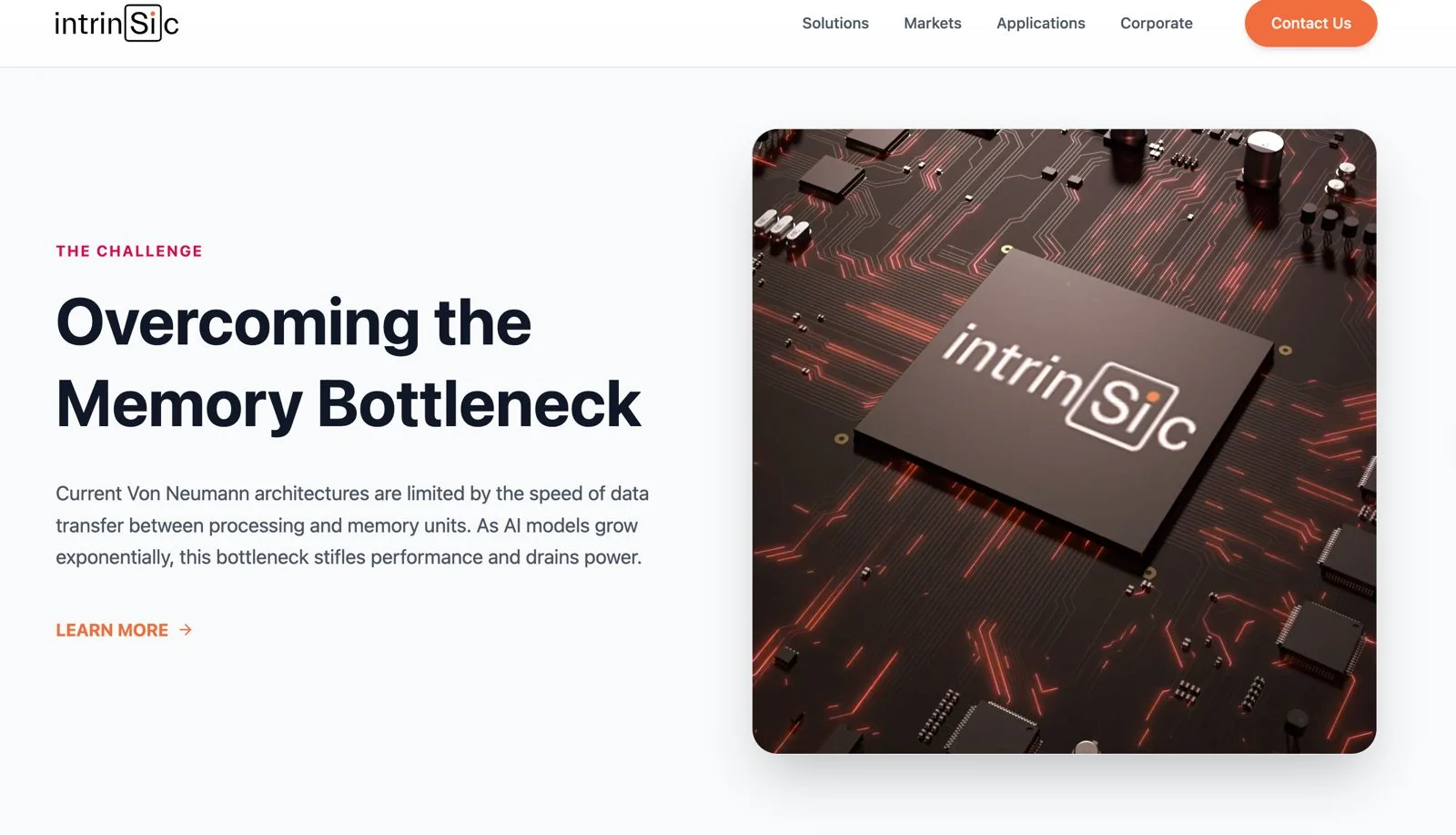 The Intrinsic homepage before: headline Overcoming the Memory Bottleneck next to a red circuit board image with a glowing chip