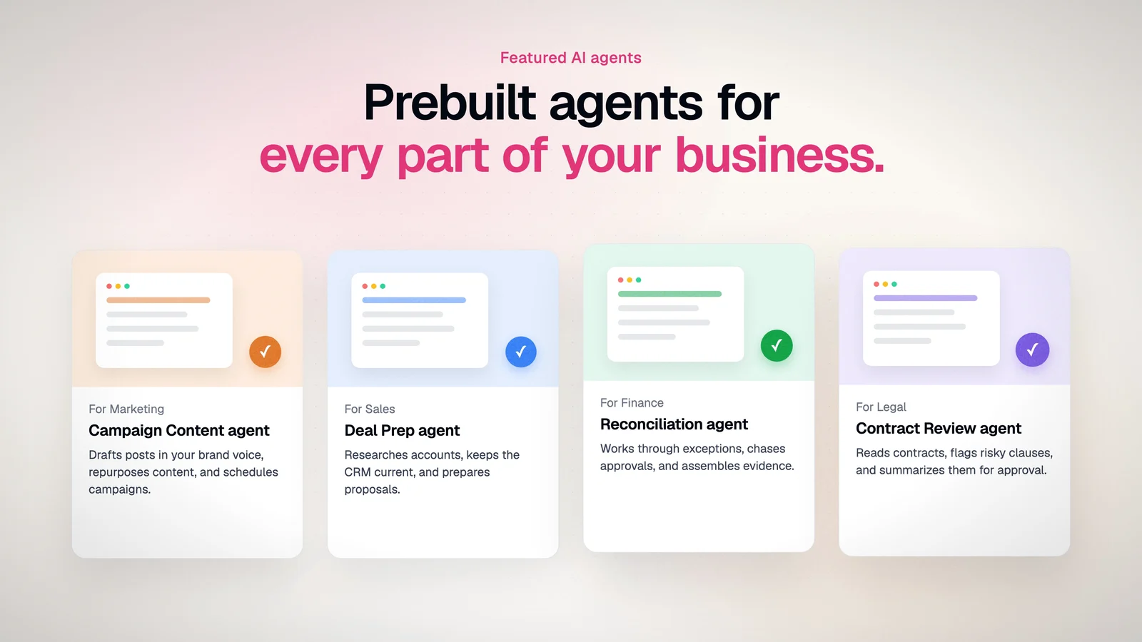Final: four agent cards in a straight row with equal gaps