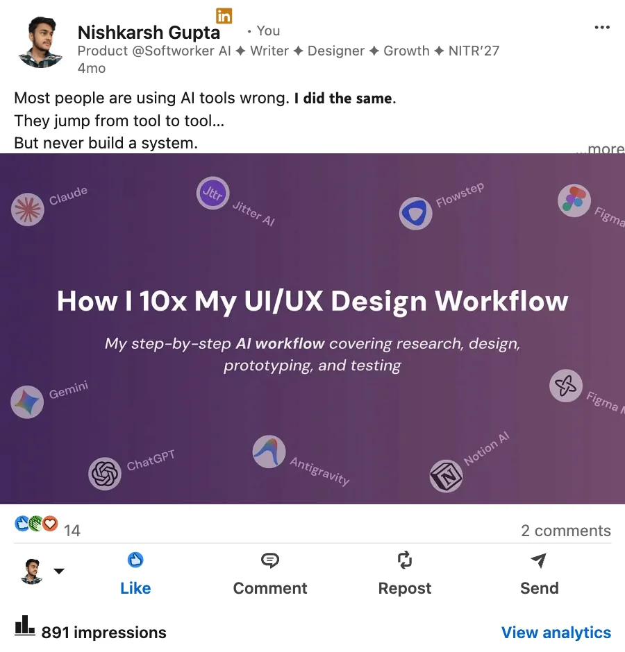 LinkedIn post: Most people are using AI tools wrong. They jump from tool to tool but never build a system. Image: How I 10x my UI/UX design workflow.