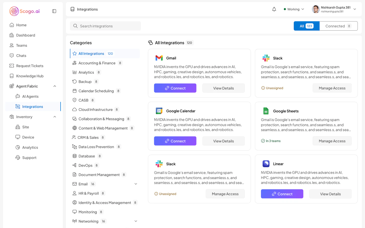 Scogo AI Integrations screen: categories on the left and integration cards for Gmail, Slack, Google Calendar, Google Sheets and Linear