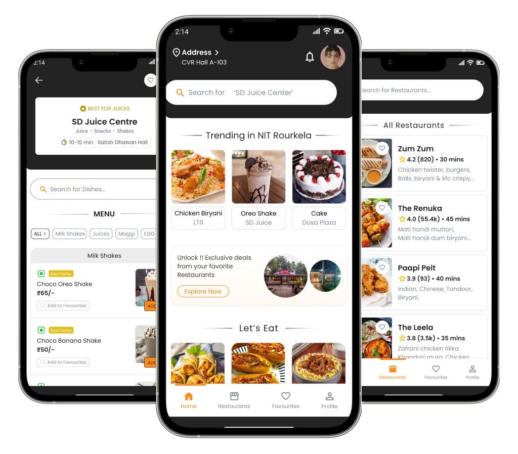 QuickServe campus food ordering app: restaurant menu, home feed and restaurant list on three phones